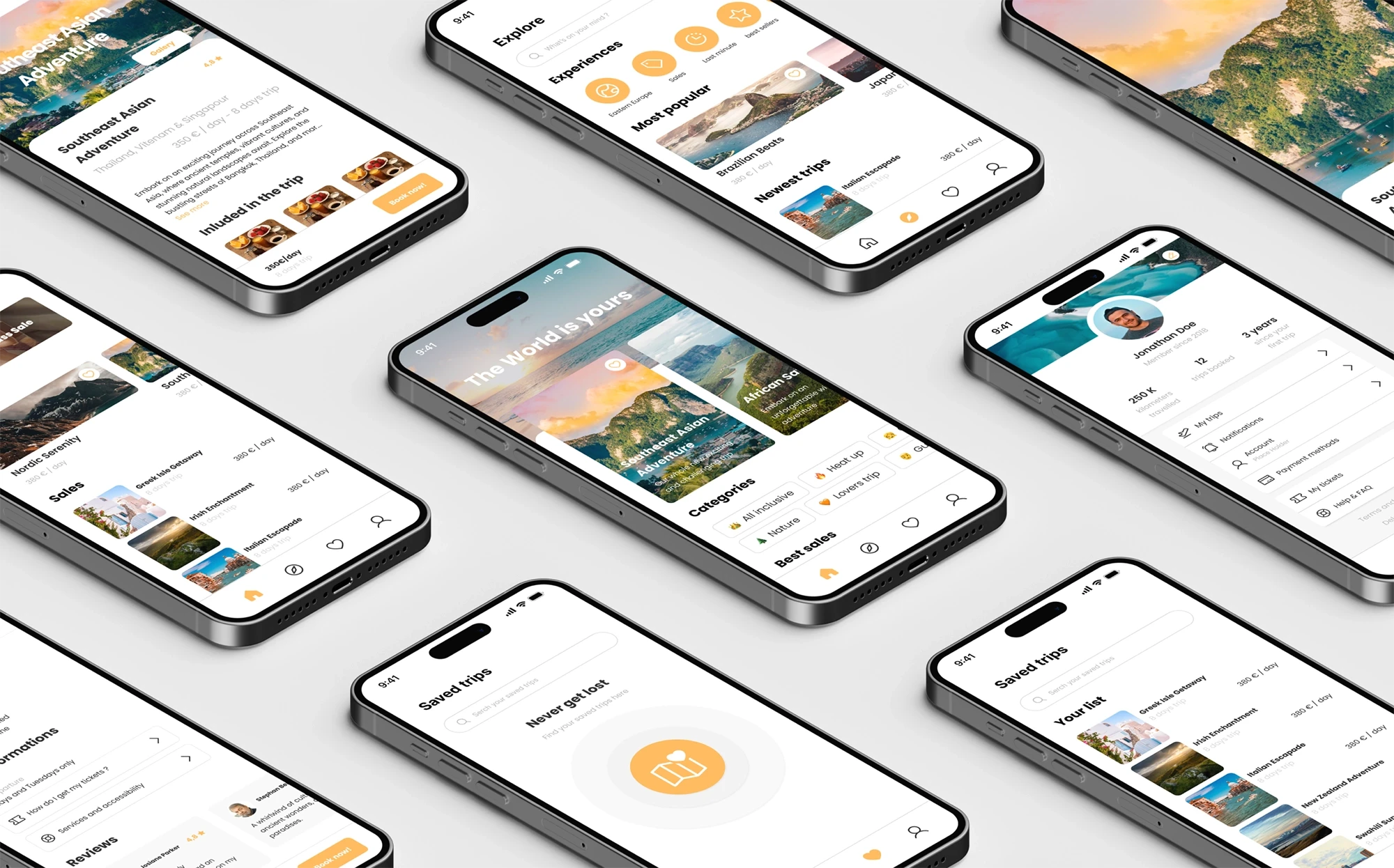 Grille d'écrans iPhone d'une application de voyage